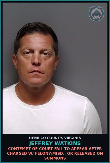 CCW arrest card for Jeffrey Watkins in Henrico County: DRUGS: POSSESS SCH I OR II