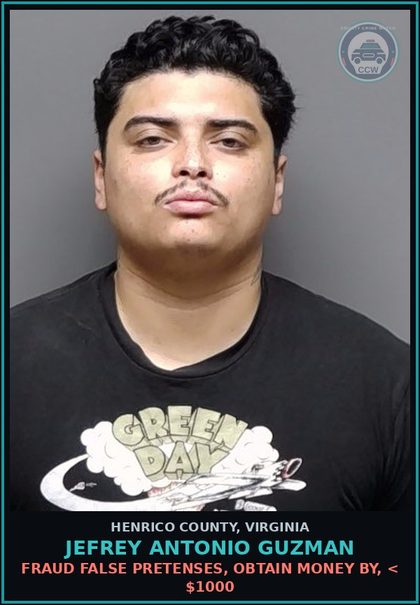 CCW arrest card for Jefrey Antonio Guzman in Henrico County: LARCENY $1000 or more not from person
