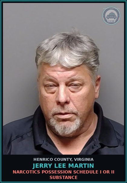CCW arrest card for Jerry Lee Martin in Henrico County: NARCOTICS Possession Schedule I or II drug