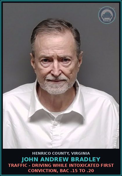 CCW arrest card for John Andrew Bradley in Henrico County: TRAFFIC - DRIVING WHILE INTOXICATED First conviction, BAC .15 to .20