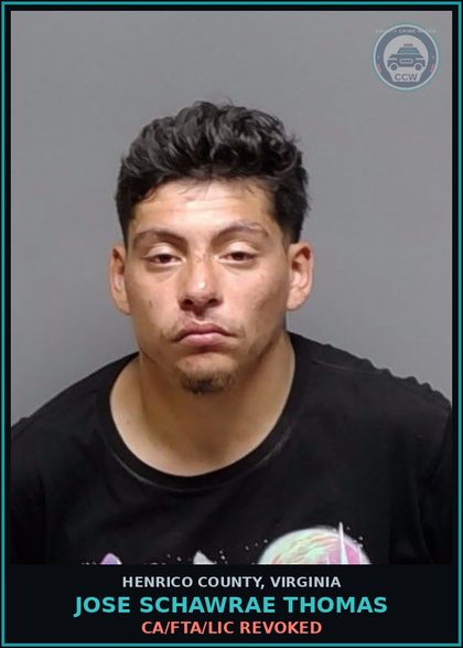 CCW arrest card for Jose Schawrae Thomas in Henrico County: CA/FTA/LIC REVOKED