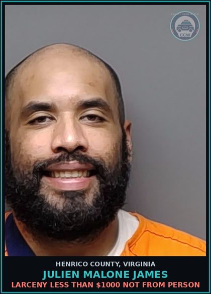 CCW arrest card for Julien Malone James in Henrico County: LARCENY Less than $1000 not from person