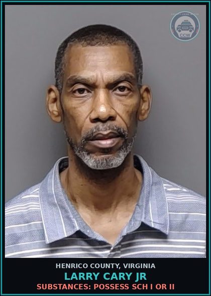 CCW arrest card for Larry Cary Jr in Henrico County: DRUGS: POSSESS SCH I OR II