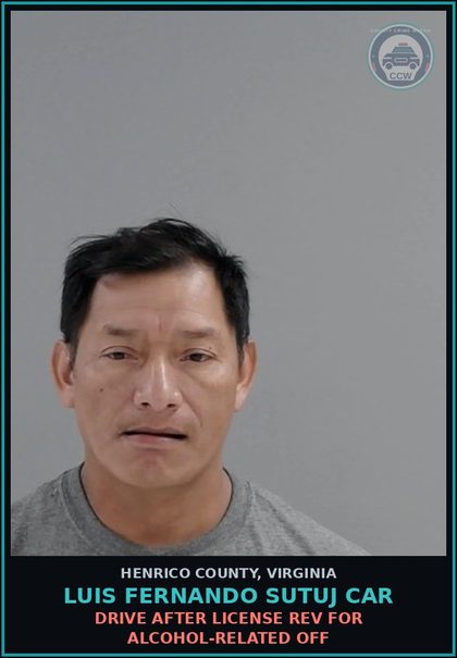CCW arrest card for Luis Fernando Sutuj Car in Henrico County: DRIVE AFTER LICENSE REV FOR ALCOHOL-RELATED OFF