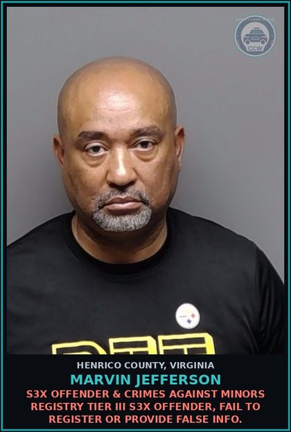 CCW arrest card for Marvin Jefferson in Henrico County: s3x OFFENDER & CRIMES AGAINST MINORS REGISTRY Tier III s3x offender, fail to register or provide false info.