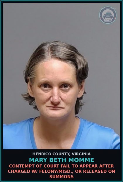 CCW arrest card for Mary Beth Momme in Henrico County: CONTEMPT OF COURT Disobedience/resistance of an officer of the court, etc.