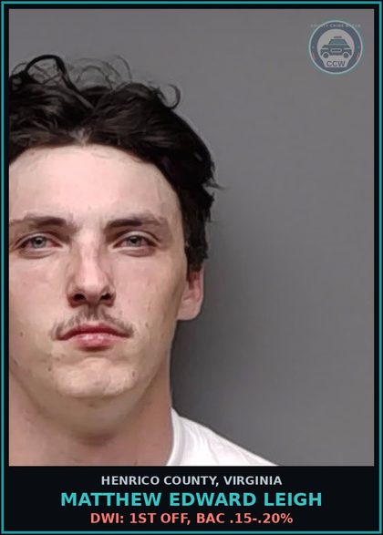 CCW arrest card for Matthew Edward Leigh in Henrico County: DWI: 1ST OFF, BAC .15-.20%