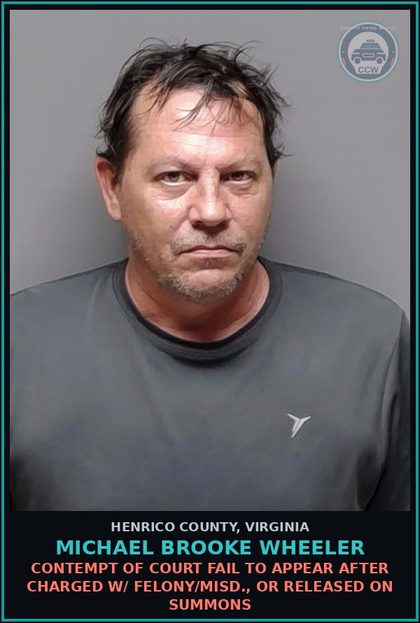CCW arrest card for Michael Brooke Wheeler in Henrico County: CONTEMPT OF COURT Fail to appear after charged w/ felony/misd., or released on summons
