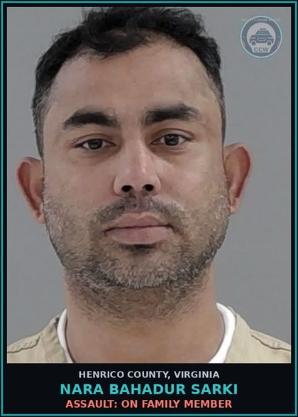 CCW arrest card for Nara Bahadur Sarki in Henrico County: MONUMENT: INTENTIONAL DAMAGE, VALUE <$1000