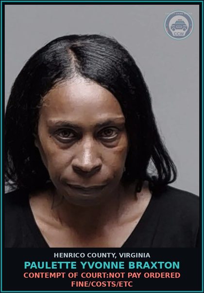 CCW arrest card for Paulette Yvonne Braxton in Henrico County: CONTEMPT OF COURT:NOT PAY ORDERED FINE/COSTS/ETC