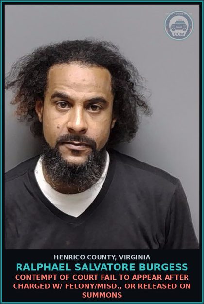CCW arrest card for Ralphael Salvatore Burgess in Henrico County: CONTEMPT OF COURT Fail to appear after charged w/ felony/misd., or released on summons