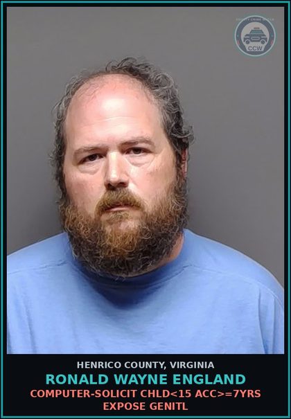 CCW arrest card for Ronald Wayne England in Henrico County: COMPUTER-SOLICIT CHLD<15 ACC>=7YRS EXPOSE GENITL