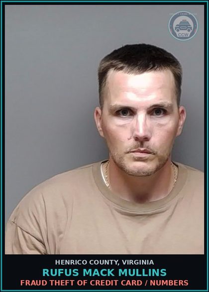 CCW arrest card for Rufus Mack Mullins in Henrico County: PETIT LARCENY: <$1000 NOT FROM A PERSON