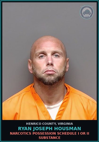 CCW arrest card for Ryan Joseph Housman in Henrico County: NARCOTICS Possession Schedule I or II drug