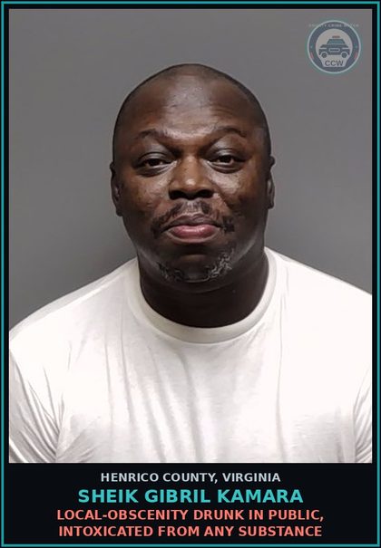 CCW arrest card for Sheik Gibril Kamara in Henrico County: LOCAL-OBSCENITY Drunk in public, intoxicated from any drug