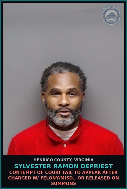 CCW arrest card for Sylvester Ramon Depriest in Henrico County: CONTEMPT OF COURT Fail to appear after charged w/ felony/misd., or released on summons
