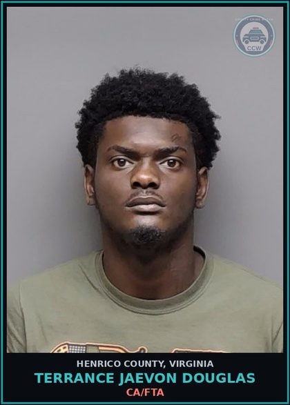 CCW arrest card for Terrance Jaevon Douglas in Henrico County: CA/FTA