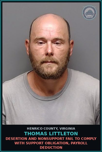 CCW arrest card for Thomas Littleton in Henrico County: DESERTION AND NONSUPPORT Fail to comply with support obligation, payroll deduction