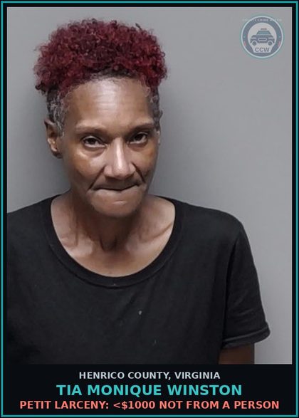 CCW arrest card for Tia Monique Winston in Henrico County: PETIT LARCENY: <$1000 NOT FROM A PERSON