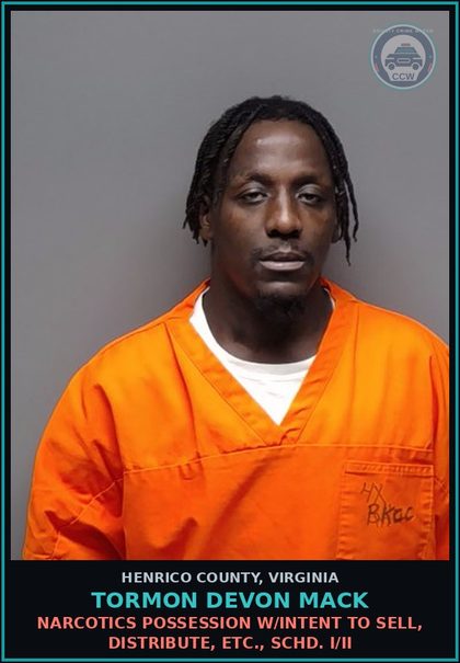 CCW arrest card for Tormon Devon Mack in Henrico County: NARCOTICS Possession w/intent to sell, distribute, etc., Schd. I/II