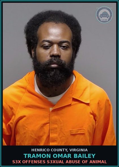 CCW arrest card for Tramon Omar Bailey in Henrico County: s3x OFFENSES s3xual abuse of animal