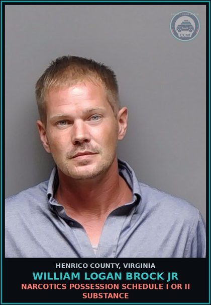 CCW arrest card for William Logan Brock Jr in Henrico County: NARCOTICS Possession Schedule I or II drug