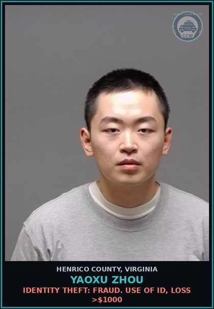 CCW arrest card for Yaoxu Zhou in Henrico County: OTHER FORGERY WRITING: EMPLOY AS TRUE