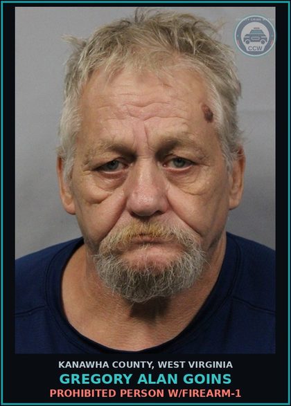 CCW arrest card for Gregory Alan Goins in Kanawha County: PROHIBITED PERSON W/FIREARM-1
