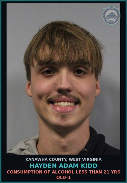 CCW arrest card for Hayden Adam Kidd in Kanawha County: CONSUMPTION OF ALCOHOL LESS THAN 21 YRS OLD-1