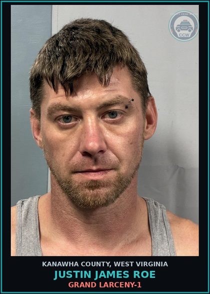 CCW arrest card for Justin James Roe in Kanawha County: GRAND LARCENY-1