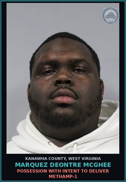 CCW arrest card for Marquez Deontre Mcghee in Kanawha County: POSSESSION WITH INTENT TO DELIVER METH-1