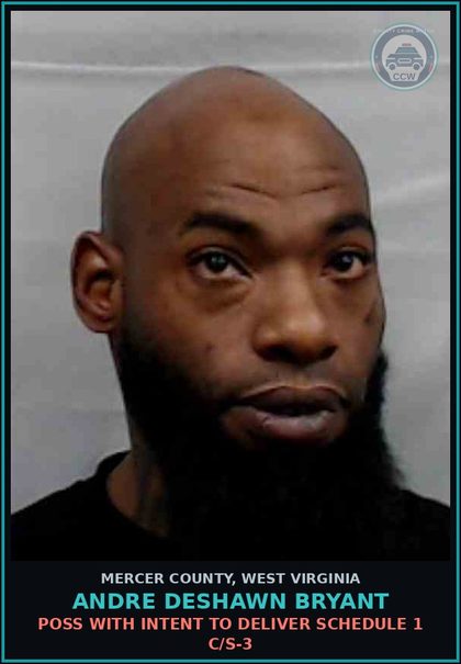 CCW arrest card for Andre Deshawn Bryant in Mercer County: POSS WITH INTENT TO DELIVER SCHEDULE 1 C/S-3