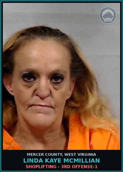 CCW arrest card for Linda Kaye McMillian in Mercer County: Shoplifting - 3rd Offense-1