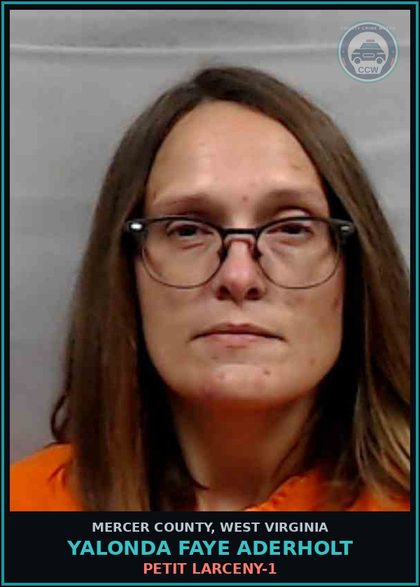 CCW arrest card for Yalonda Faye Aderholt in Mercer County: PETIT LARCENY-1