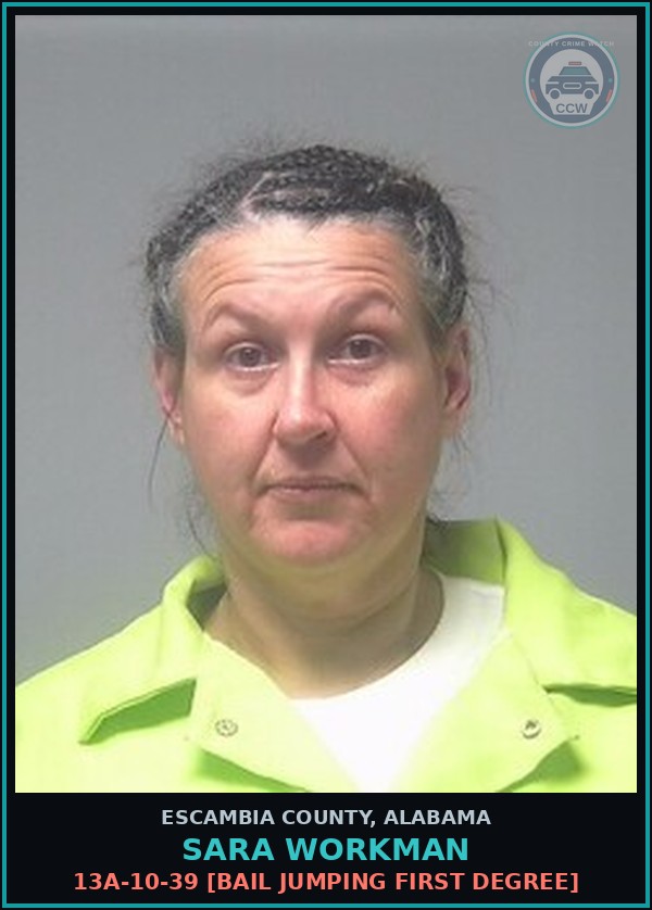 Booking mugshot of Sara Workman in Escambia County