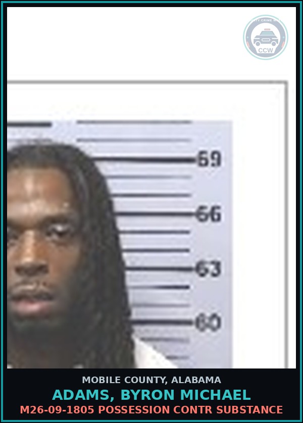 Booking mugshot of ADAMS, BYRON MICHAEL in Mobile County