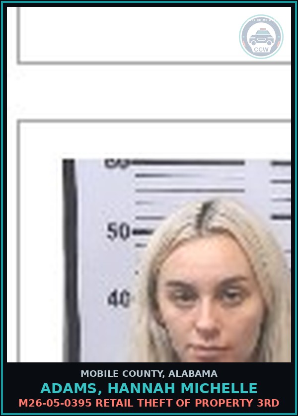Booking mugshot of ADAMS, HANNAH MICHELLE in Mobile County
