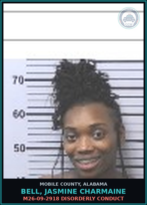 Booking mugshot of BELL, JASMINE CHARMAINE in Mobile County