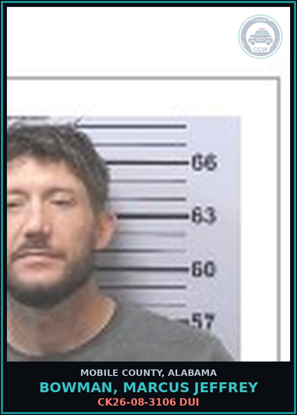 Booking mugshot of BOWMAN, MARCUS JEFFREY in Mobile County