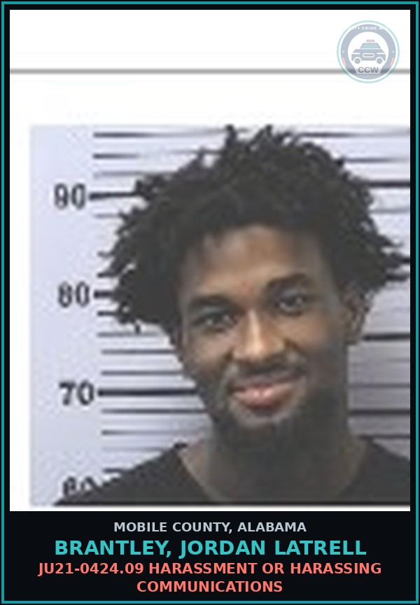 Booking mugshot of BRANTLEY, JORDAN LATRELL in Mobile County