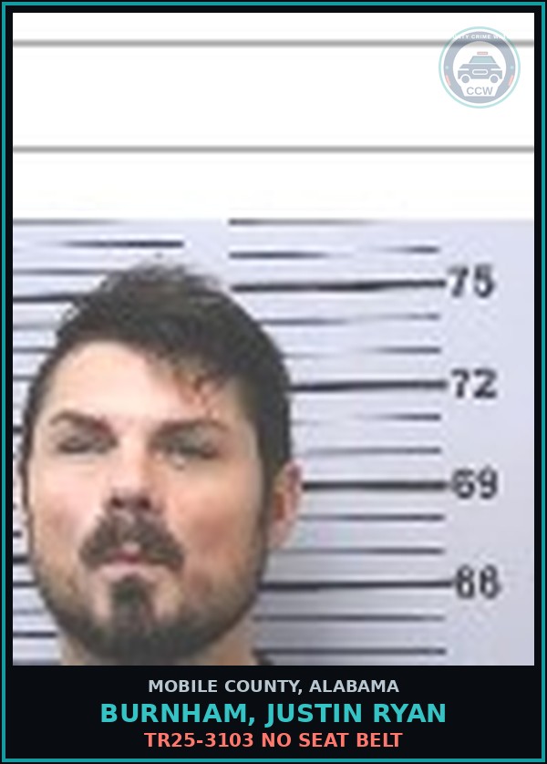 Booking mugshot of BURNHAM, JUSTIN RYAN in Mobile County