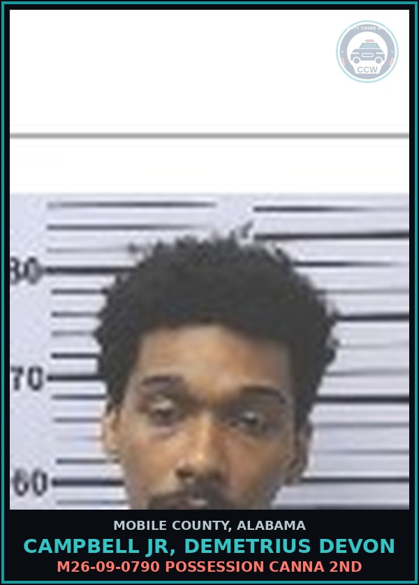 Booking mugshot of CAMPBELL JR, DEMETRIUS DEVON in Mobile County