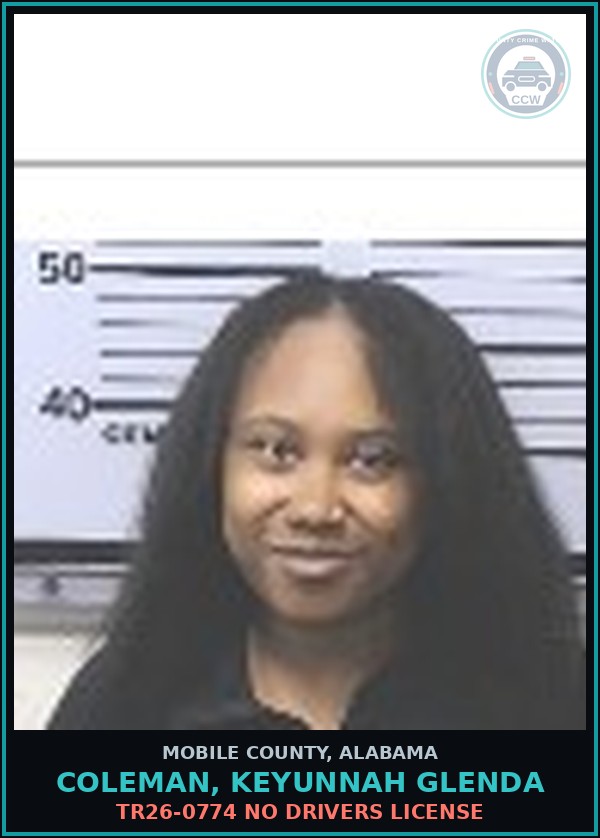 Booking mugshot of COLEMAN, KEYUNNAH GLENDA in Mobile County