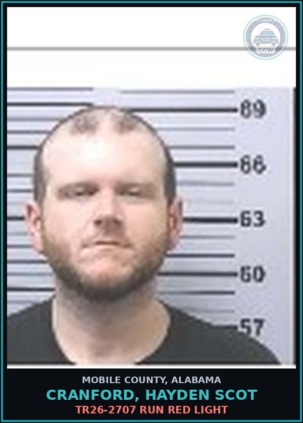 Booking mugshot of CRANFORD, HAYDEN SCOT in Mobile County