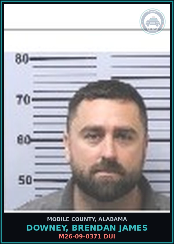 Booking mugshot of DOWNEY, BRENDAN JAMES in Mobile County