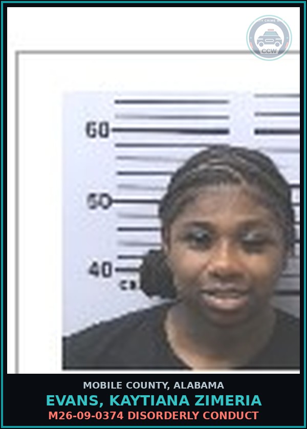 Booking mugshot of EVANS, KAYTIANA ZIMERIA in Mobile County