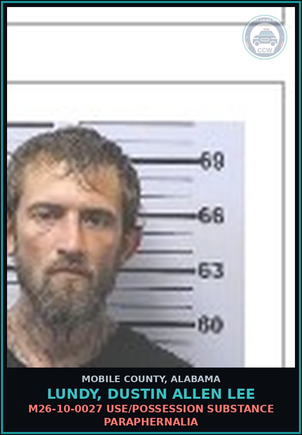 Booking mugshot of LUNDY, DUSTIN ALLEN LEE in Mobile County