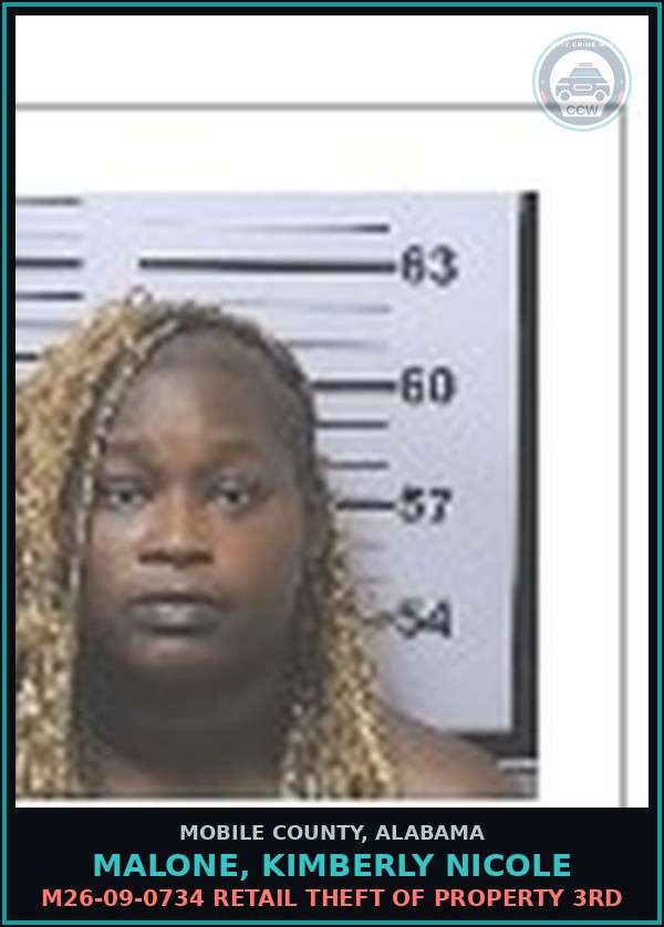 Booking mugshot of MALONE, KIMBERLY NICOLE in Mobile County