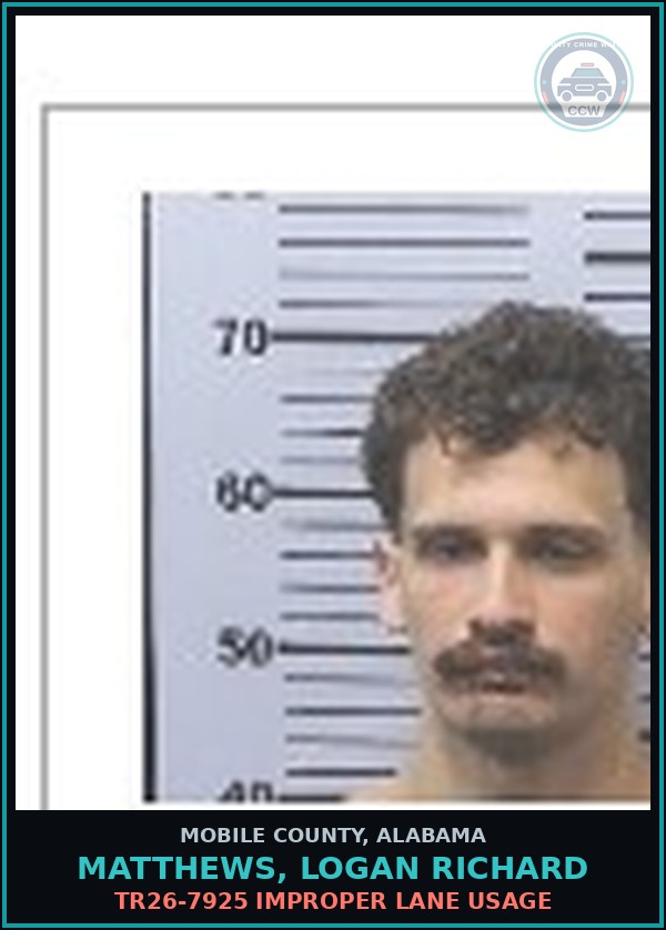 Booking mugshot of MATTHEWS, LOGAN RICHARD in Mobile County