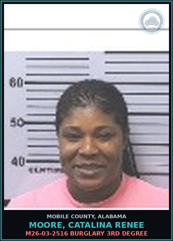 Booking mugshot of MOORE, CATALINA RENEE in Mobile County